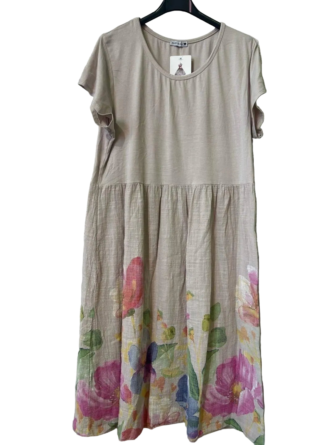 beige cotton and linen dress with floral print