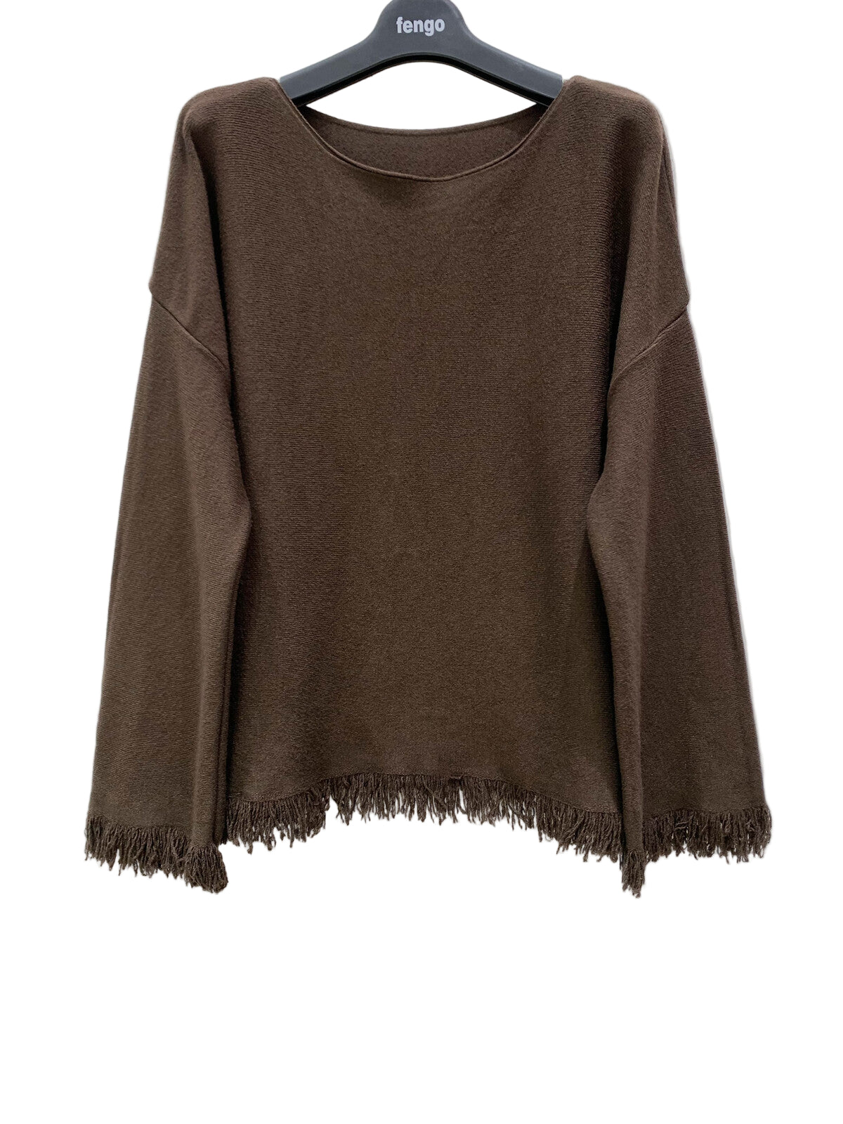 Brown sweater with frayed hem on a hanger against a white background