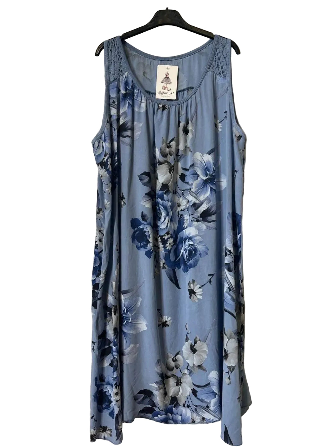A sleeveless light blue floral nightgown or dress with a blue and white floral print