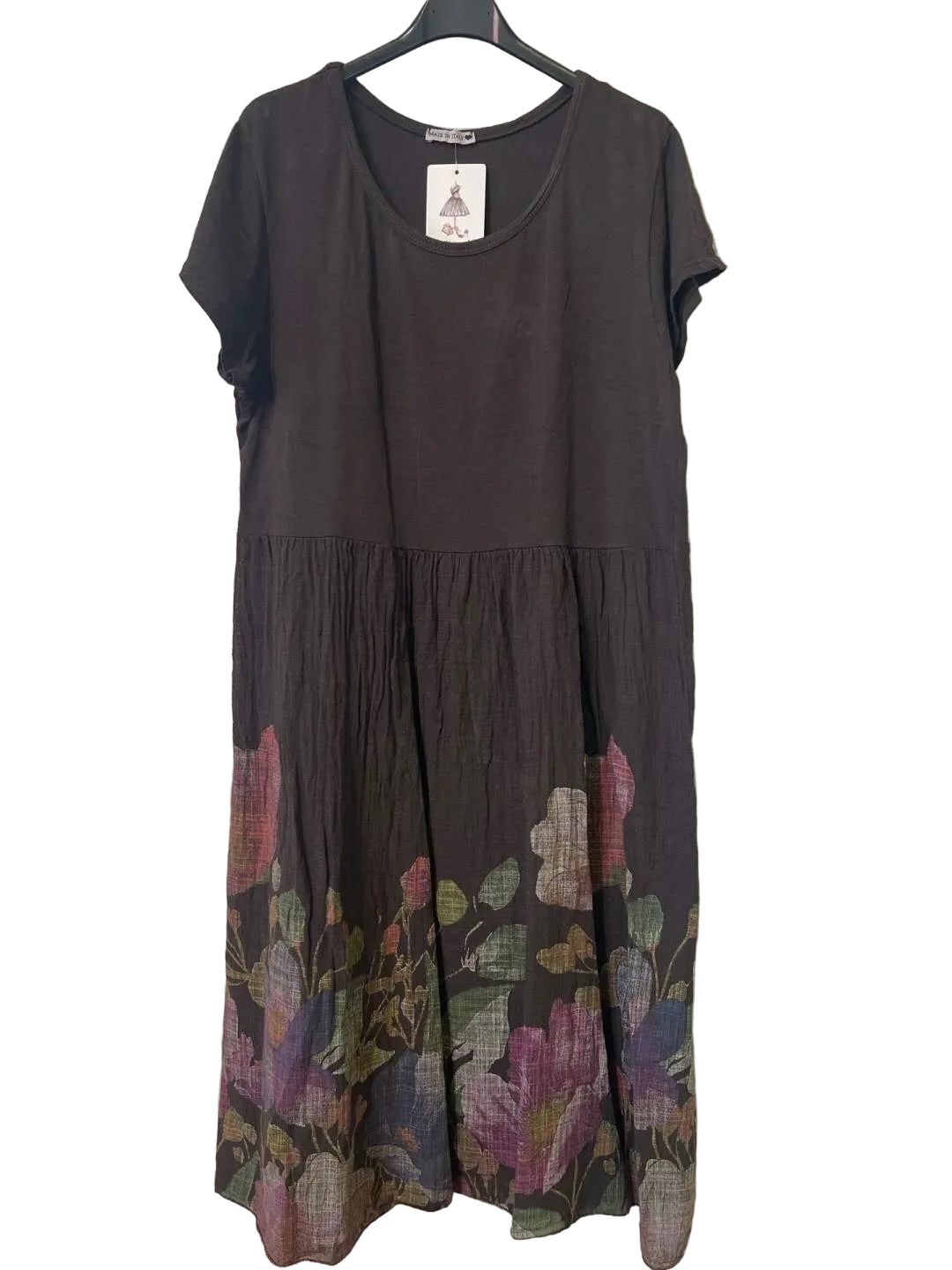Brown cotton and linen floral print dress