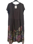 Brown cotton and linen floral print dress
