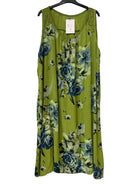 A sleeveless lime green dress with a blue and white floral print