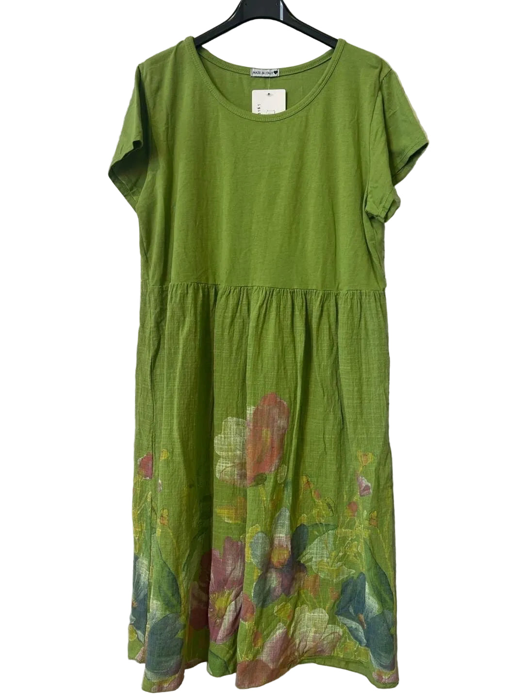 Lime green floral print cotton and linen dress