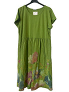Lime green floral print cotton and linen dress