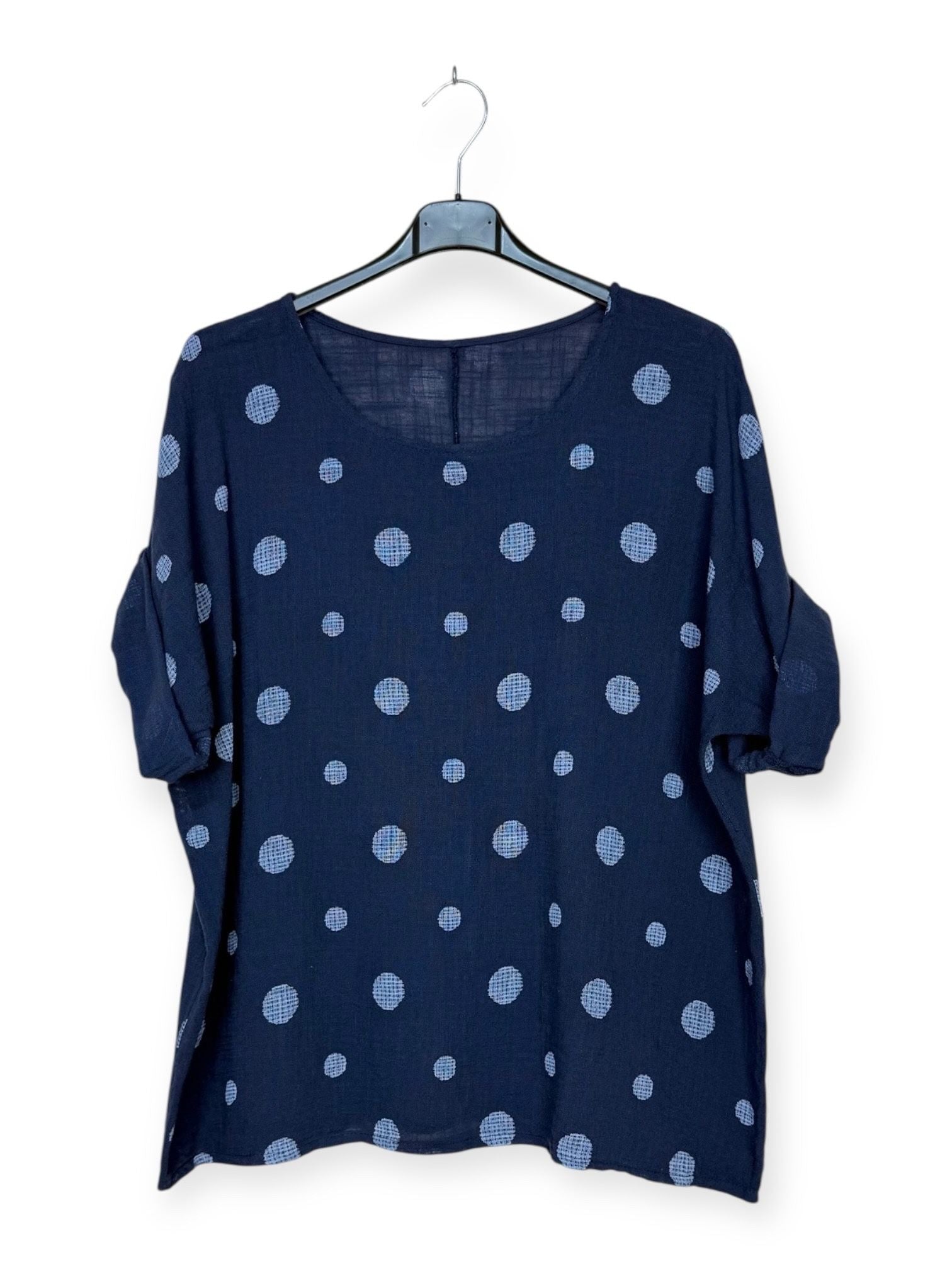 Navy blue polka dot cotton top