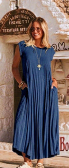 Navy long pleated dress