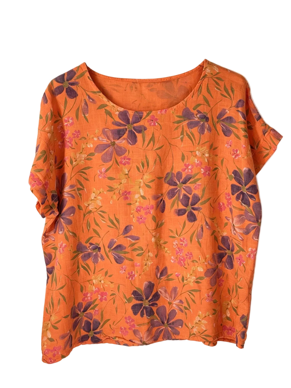 orange floral print top with round neck and short sleeves