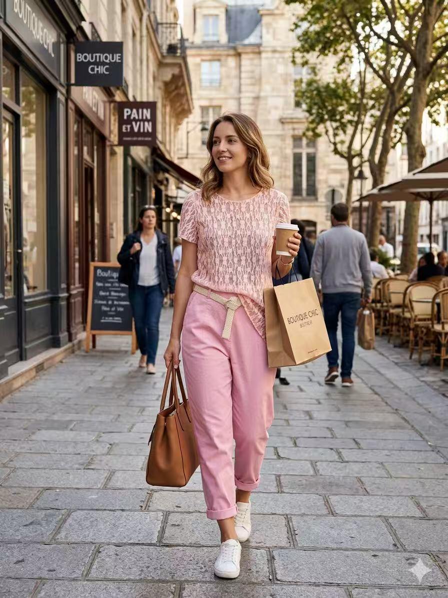 Woman walking down a street in an urban setting, holding a coffee cup and shopping bag.