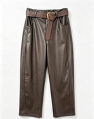 Dark brown faux leather cropped pants with a matching brown woven belt and gold buckle, displayed flat against a white background.