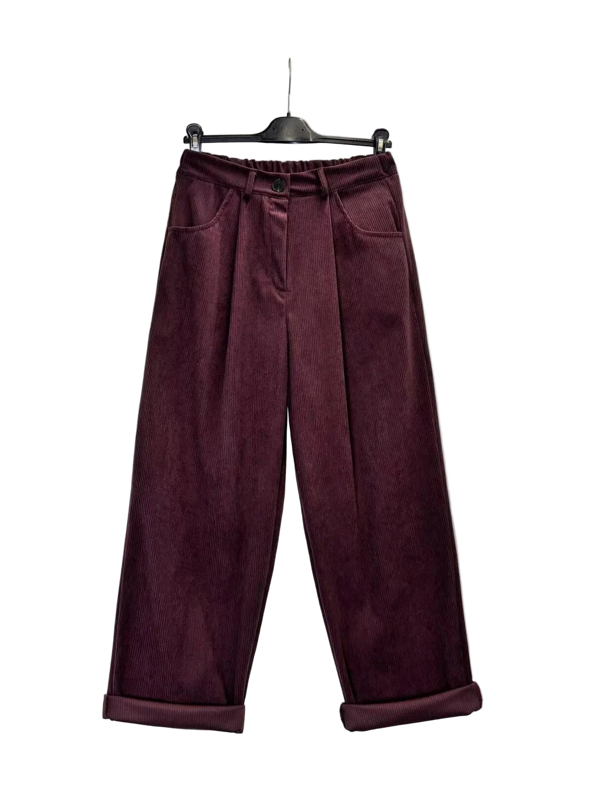 A pair of wide-leg trousers in a deep burgundy corduroy fabric