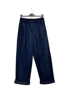 Dark navy blue wide-leg cropped pants with a cuffed hem,