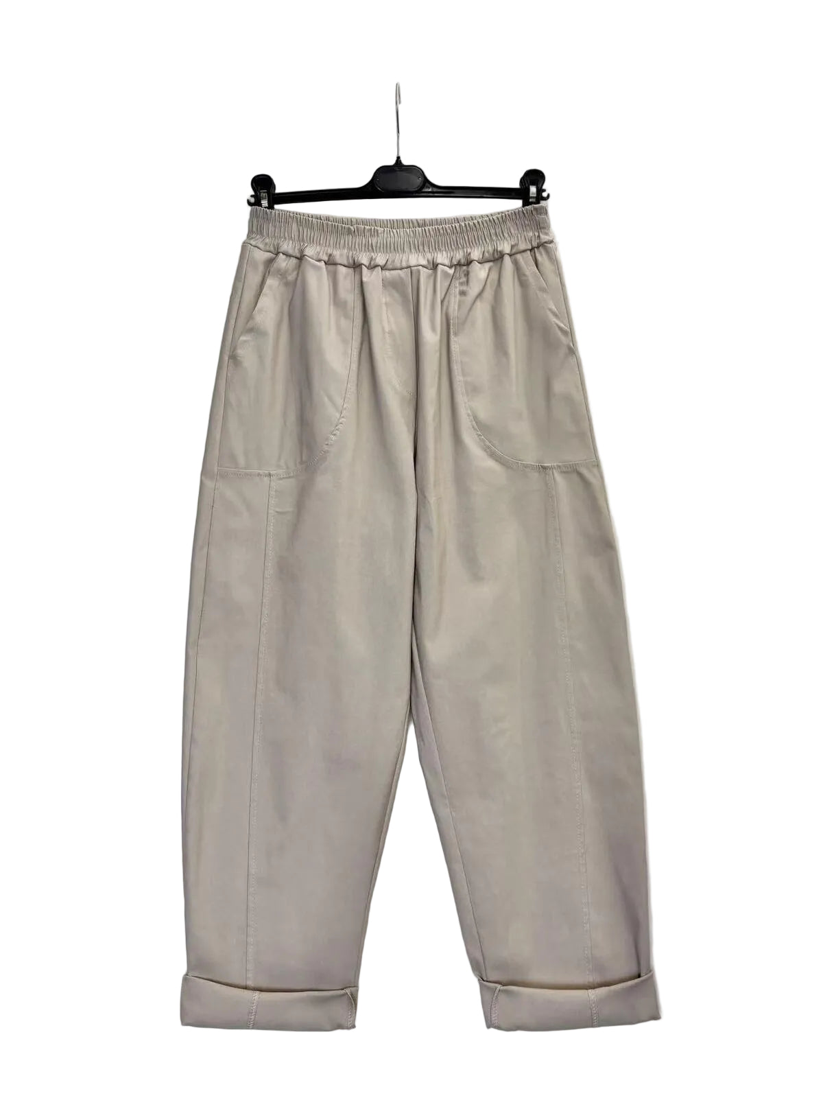 Cream coloured roll up hem barrel shaped trousers