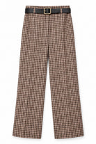 A pair of high-waisted, wide-leg trousers in a brown and beige checkered pattern, styled with a black leather belt featuring a gold buckle, shown against a plain white background.