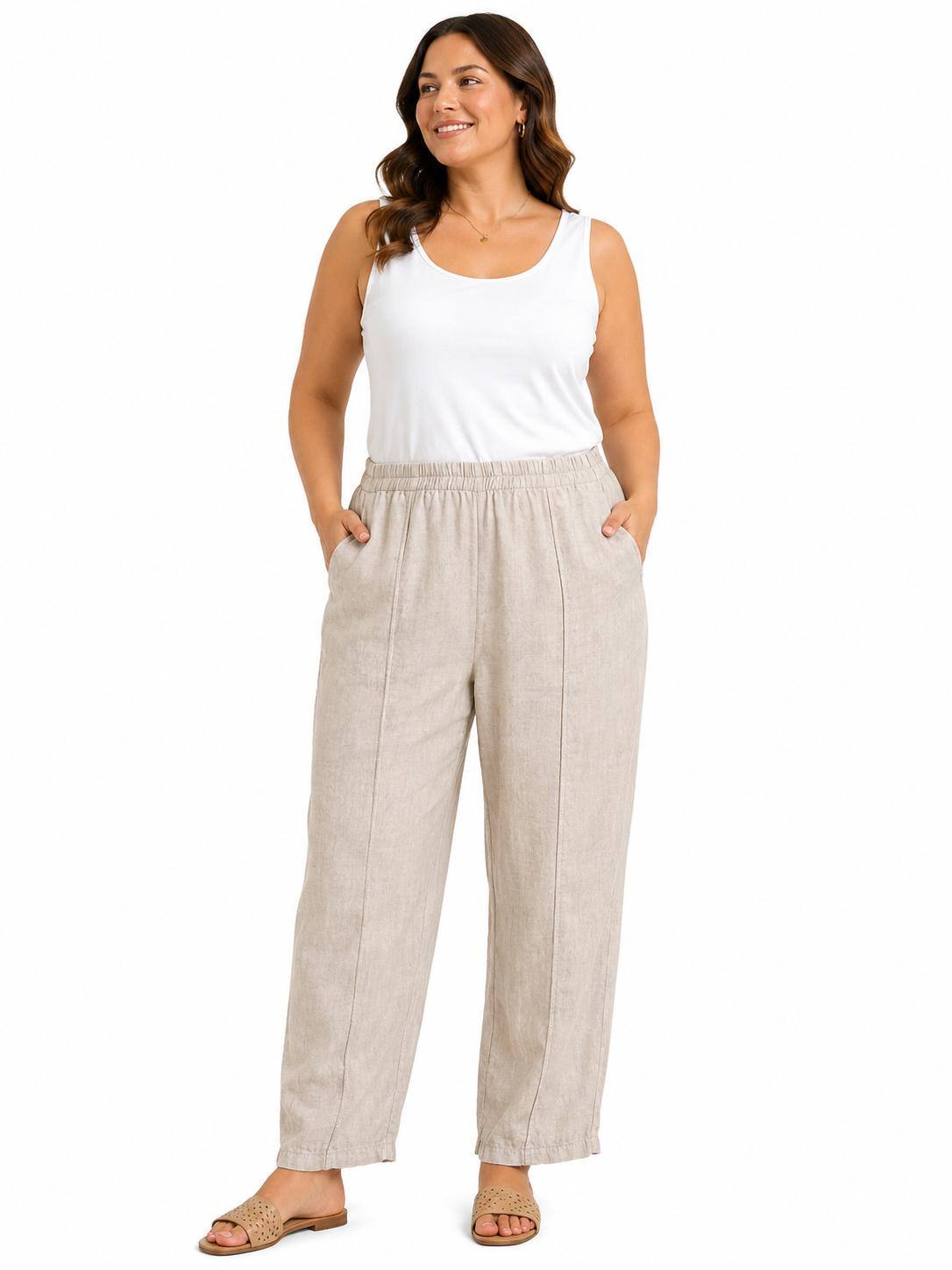 Beige linen trosers with stitched seam