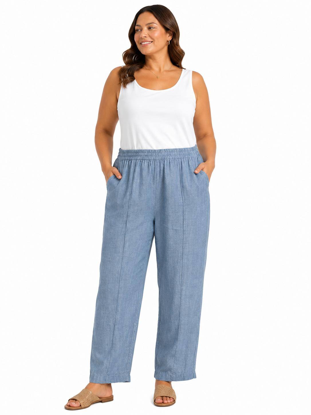 A woman modeling a pair of wide-leg, light blue denim-like pants with a white sleeveless top and tan sandals, standing against a plain white background.