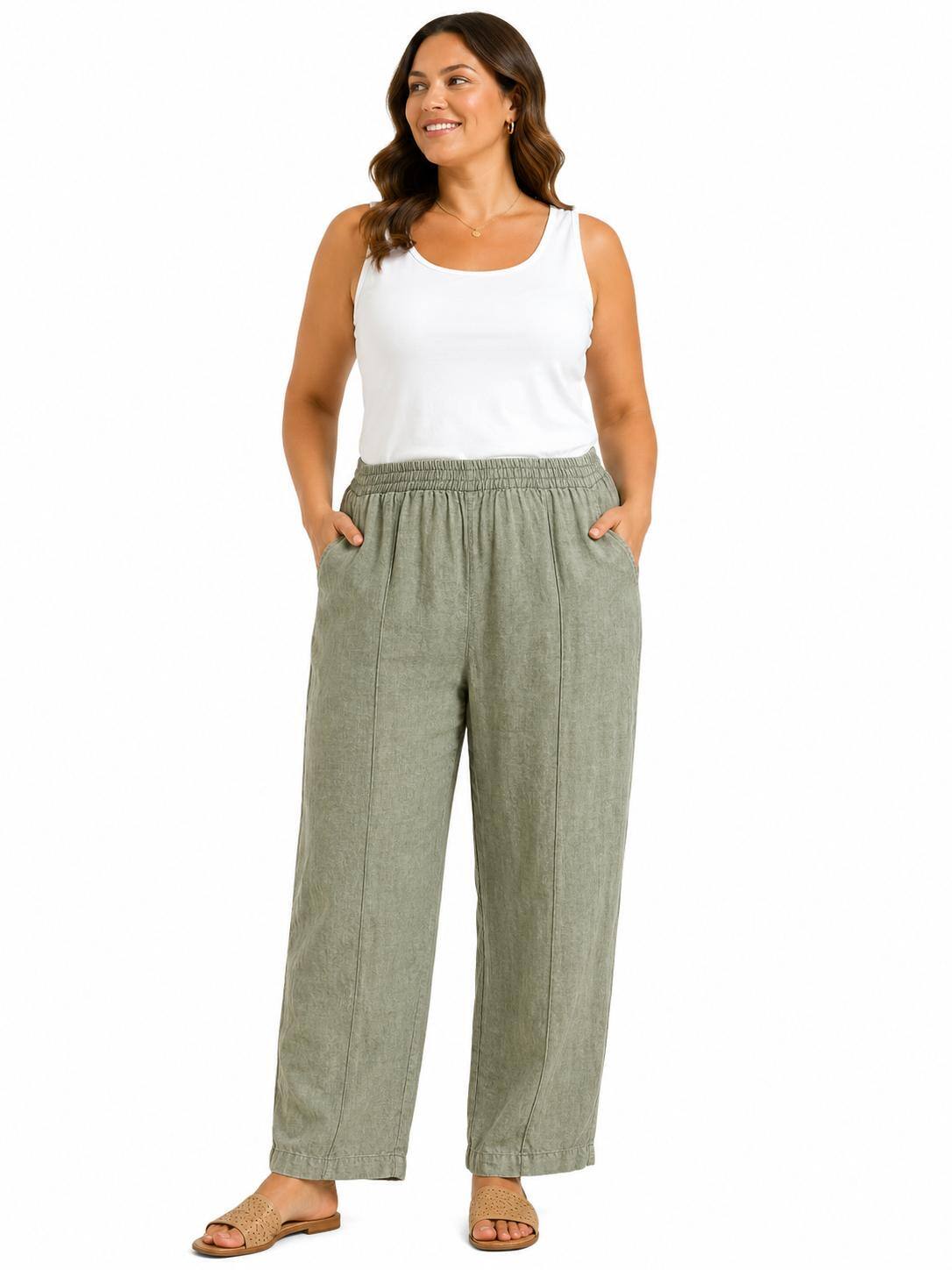 olive green linen trousers with stitched seam