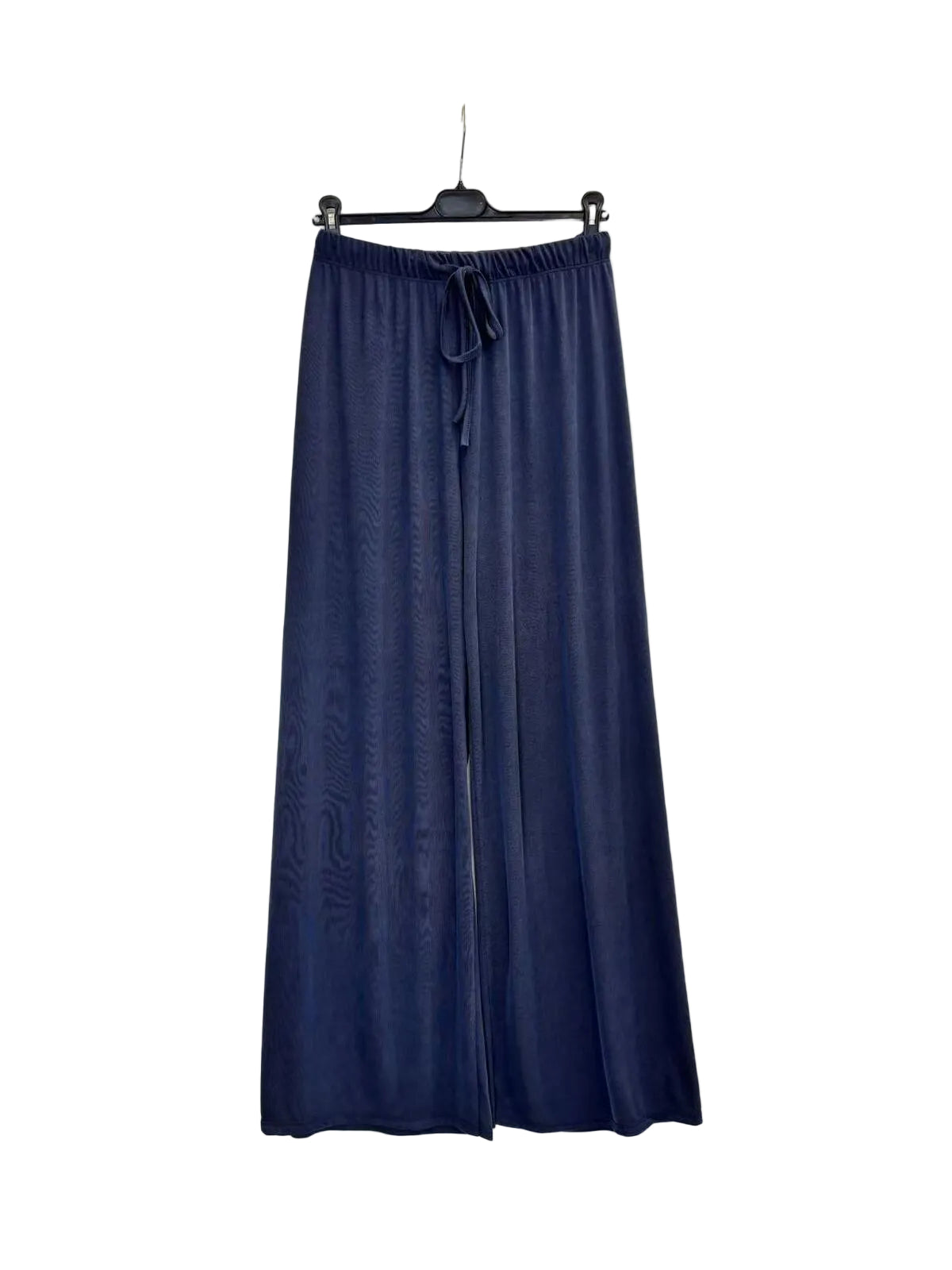A dark navy blue wide-leg trouser with elastic drawstring waist