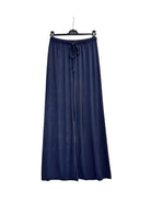 A dark navy blue wide-leg trouser with elastic drawstring waist