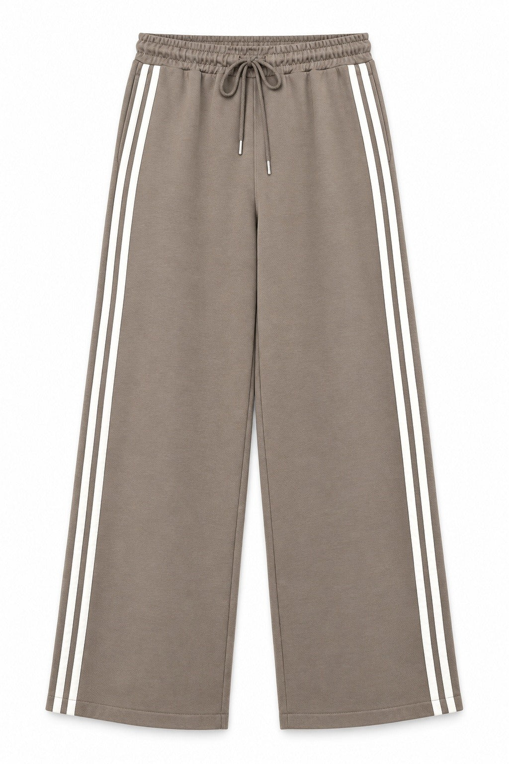 A pair of wide-leg sweatpants in taupe with three white stripes running down the sides, featuring an elastic waistband and a matching drawstring.