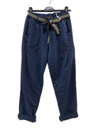 Navy blue pants with a belt on a white background