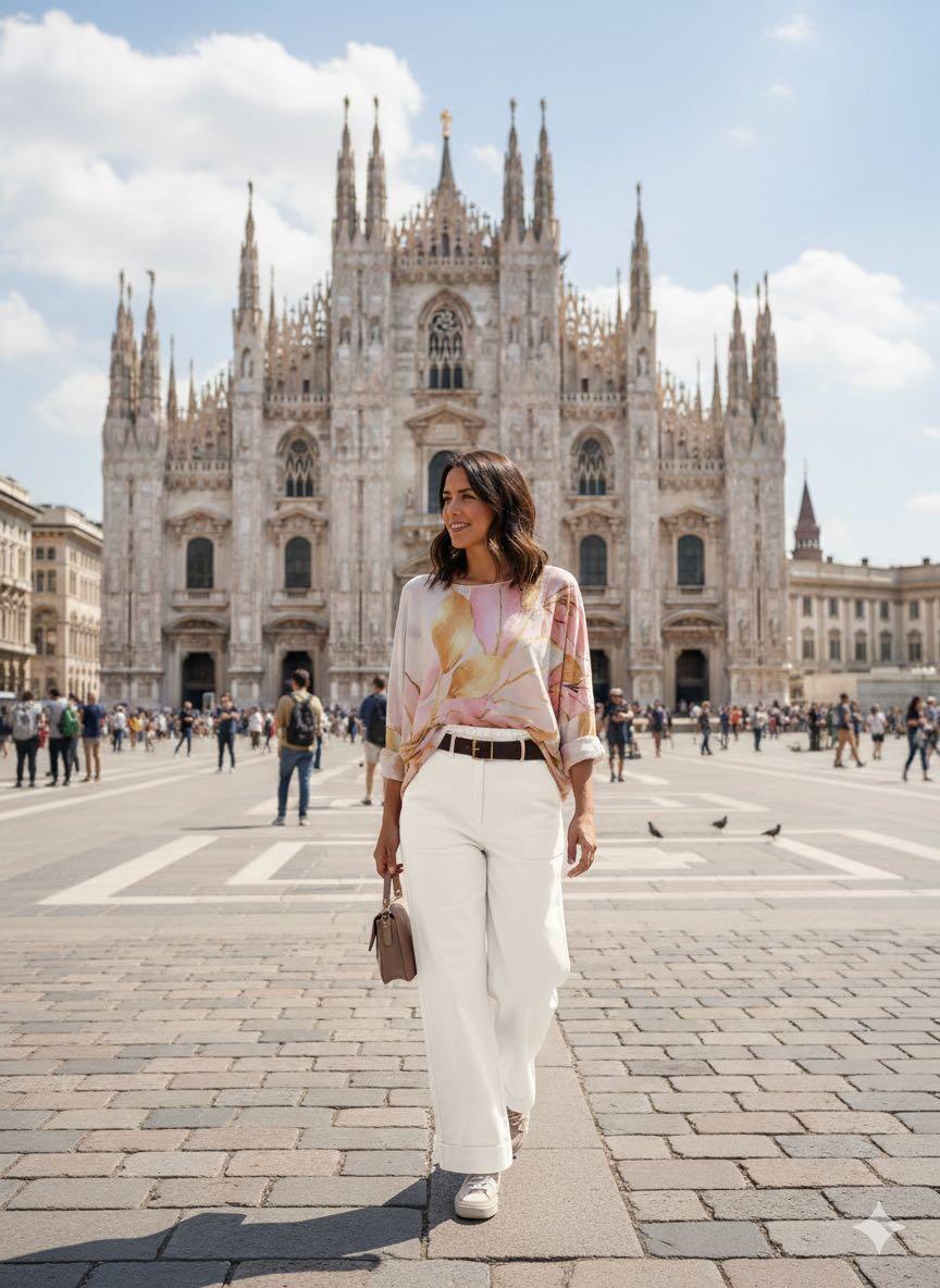 Woman walking in front of the Duomo di Milano in Milan, Italy.
