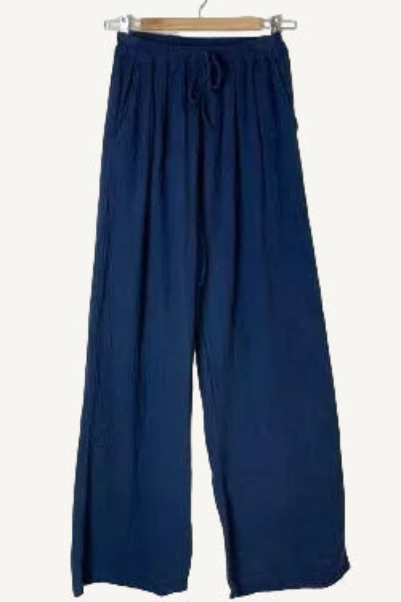 navy blue wide leg trousers