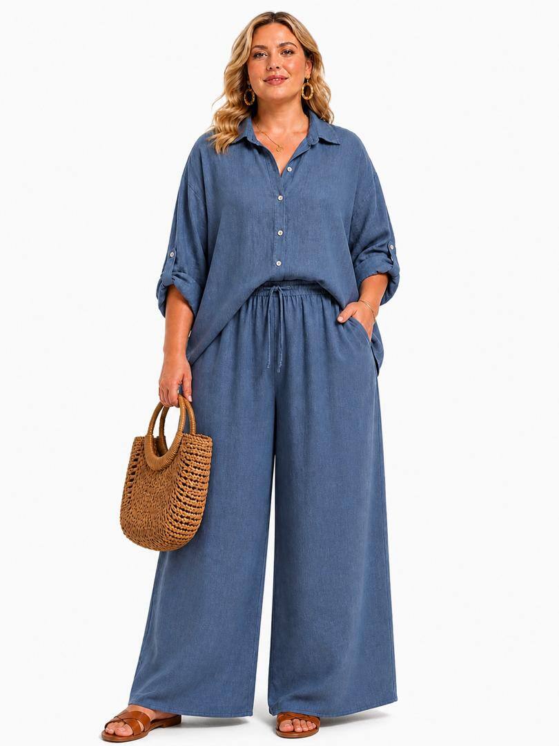 Blue Jeans coloured linen plus size wide leg trousres
