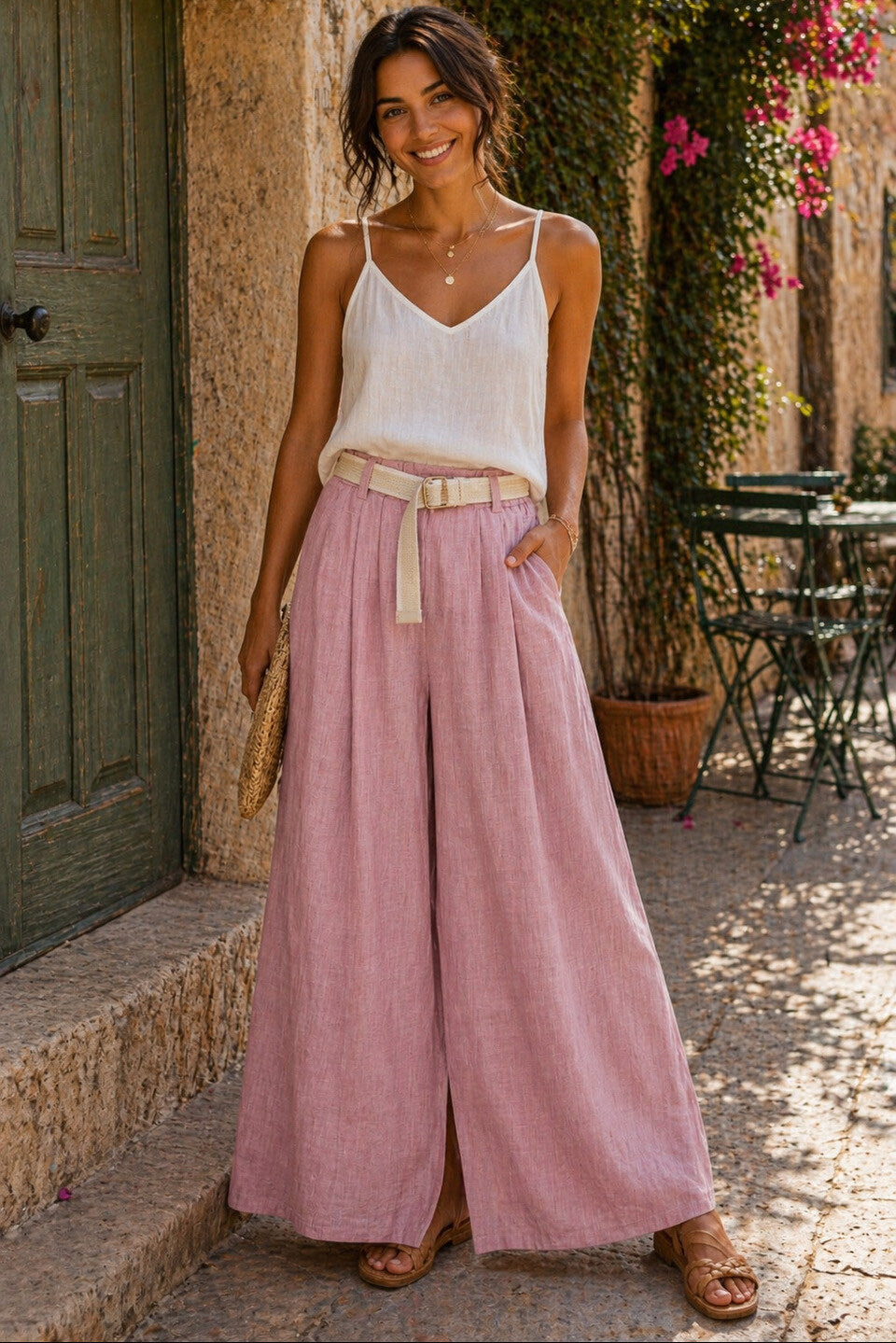 Woman wearing a white top and pink wide-leg pants standing outdoors.