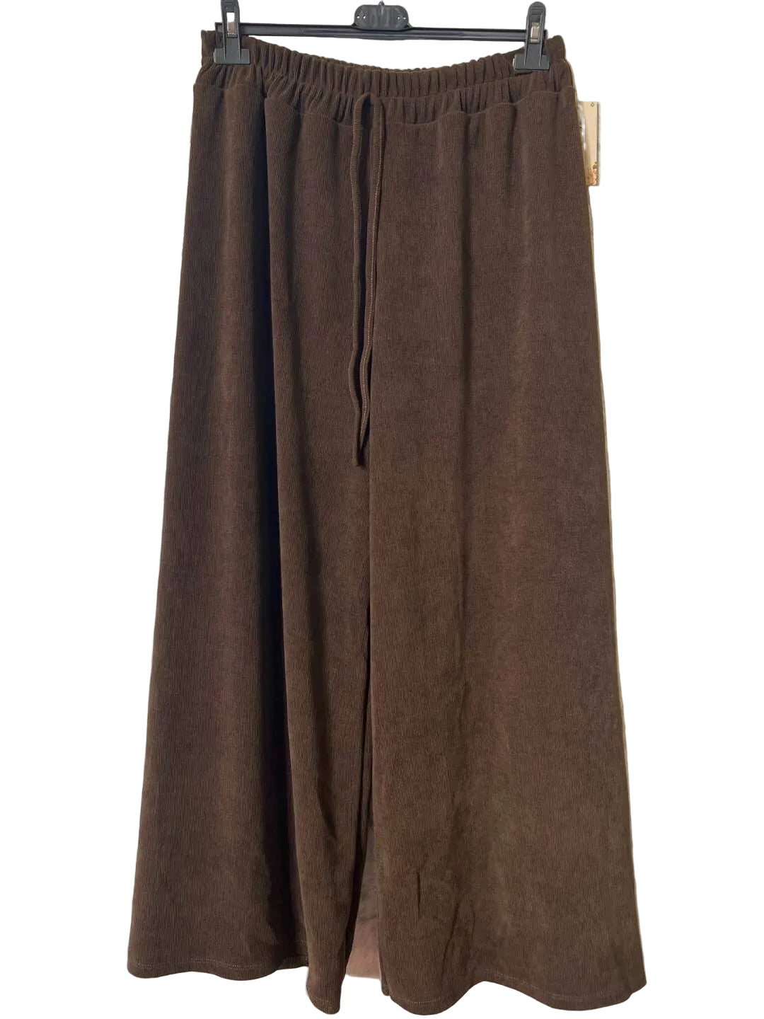 A pair of brown wide-leg cropped pants with an elastic waistband and tie