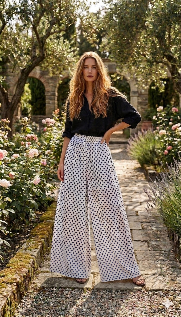 Woman in a black top and white polka dot pants standing in a garden.