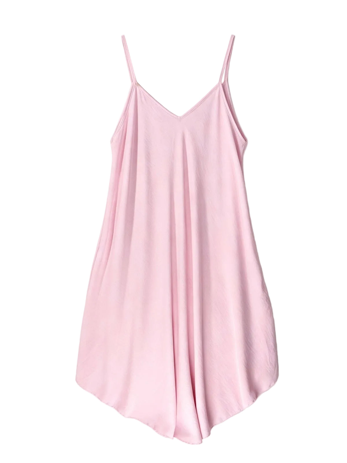 A light pink slip dress with thin spaghetti straps and a V-neckline, displayed flat against a clean white background.