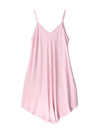 A light pink slip dress with thin spaghetti straps and a V-neckline, displayed flat against a clean white background.