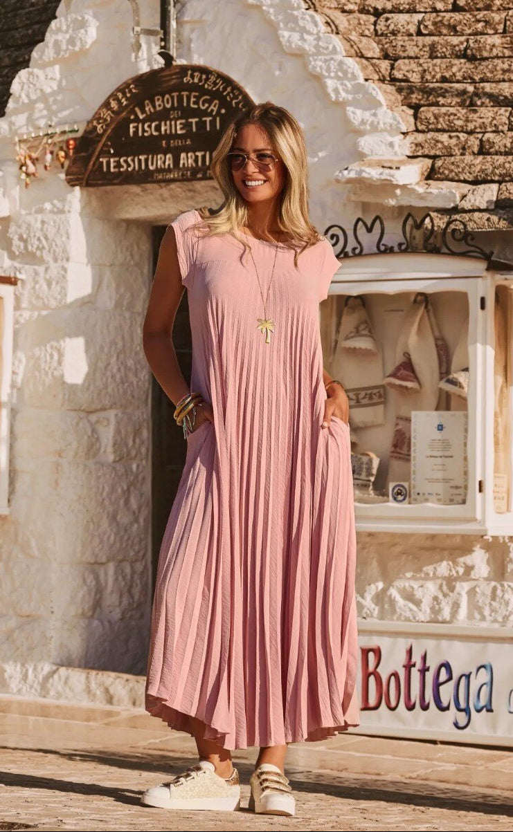 pink pleated long dress