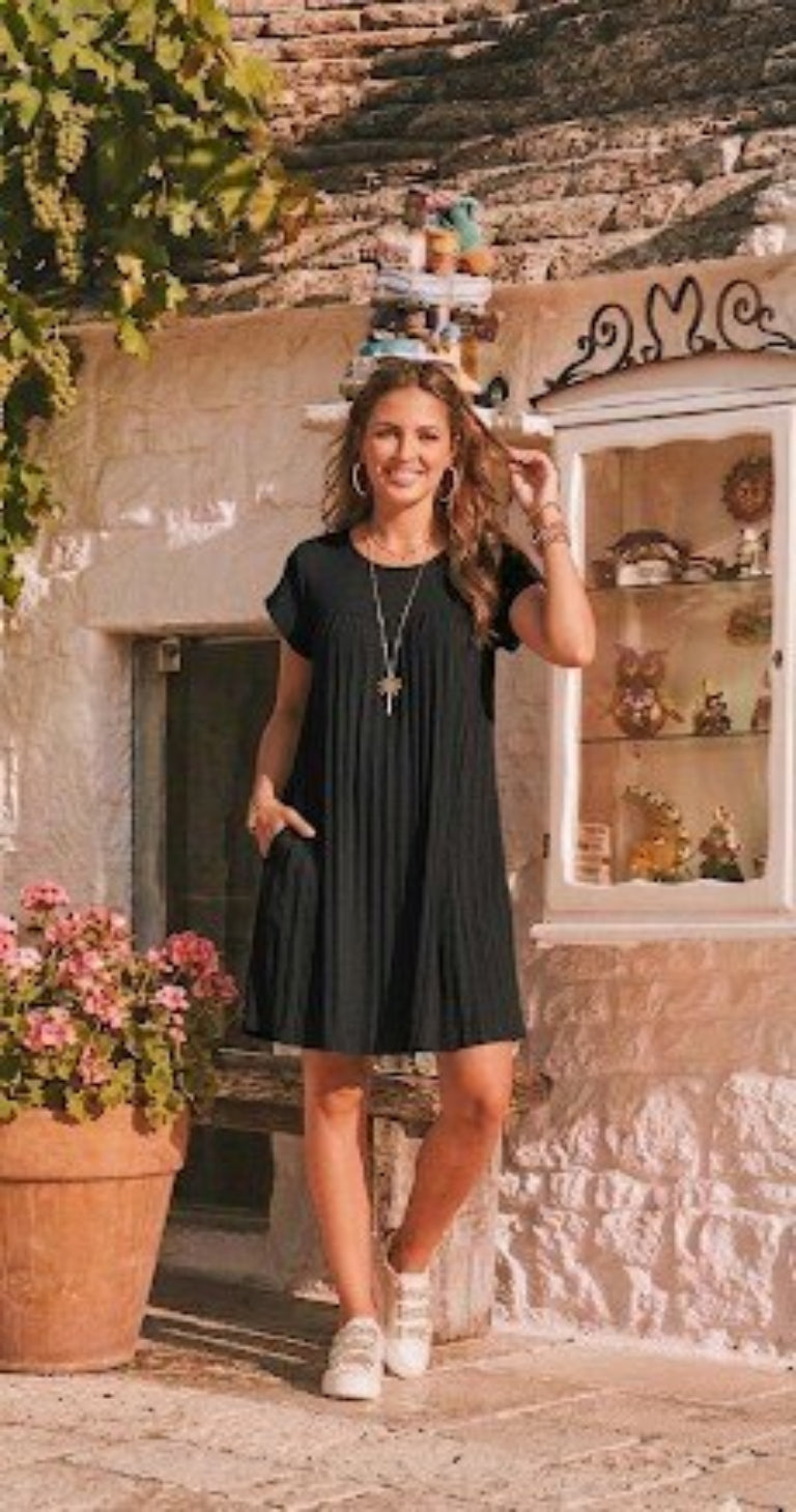 black pleated short sleeved dress