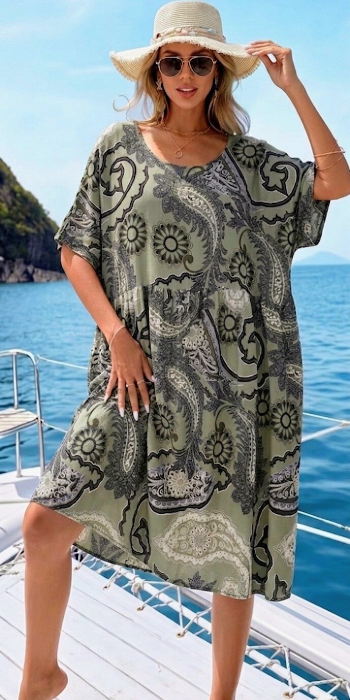 khaki printed dress with short sleeves