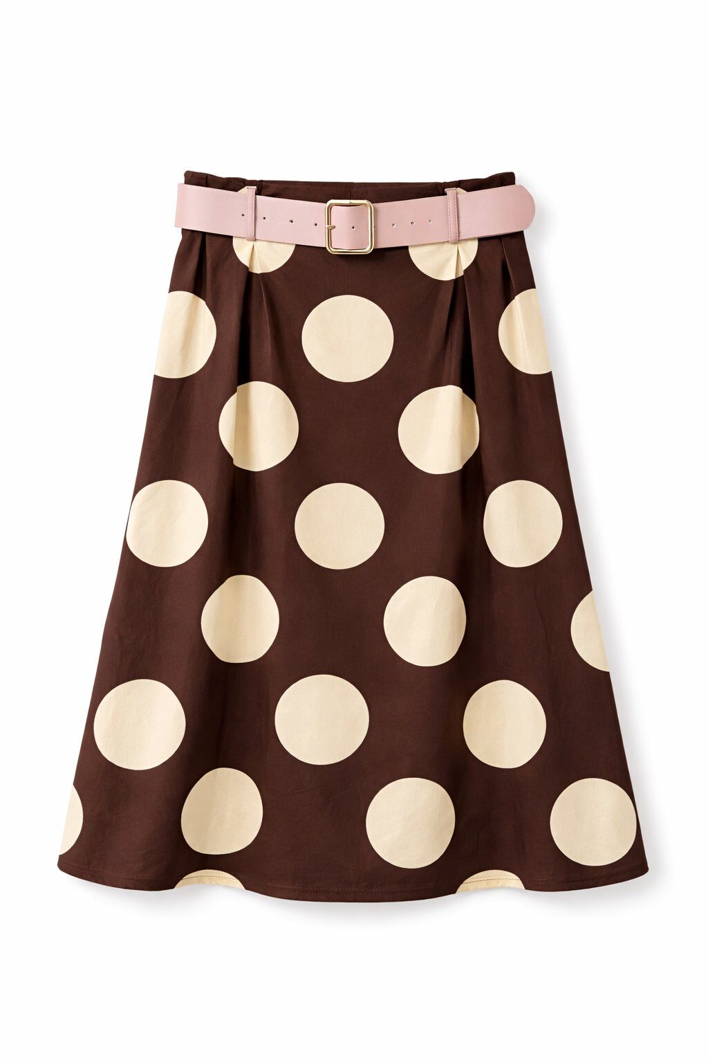 Brown skirt with large yellow polka dots and a belt on a white background