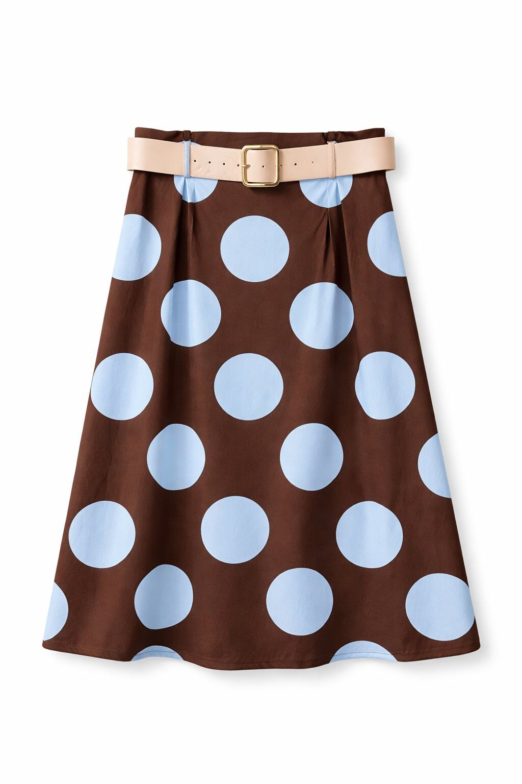 Brown skirt with blue polka dots and a beige belt on a white background