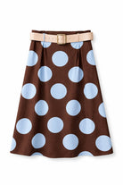 Brown skirt with blue polka dots and a beige belt on a white background