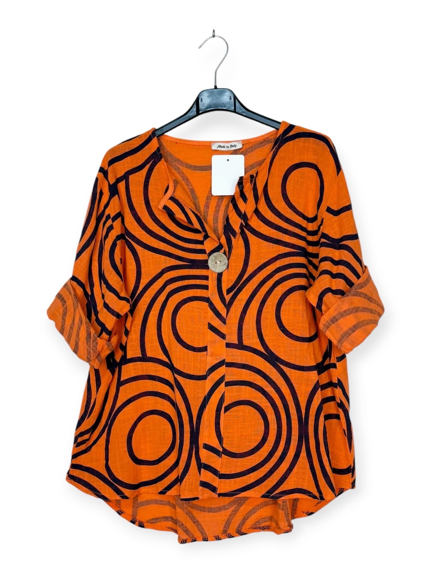 Printed orange top with feature button