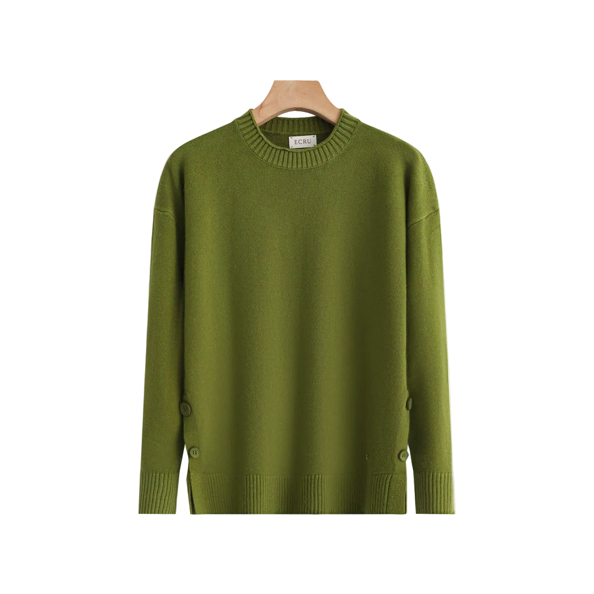 An olive green crewneck knit sweater hanging on a wooden hanger