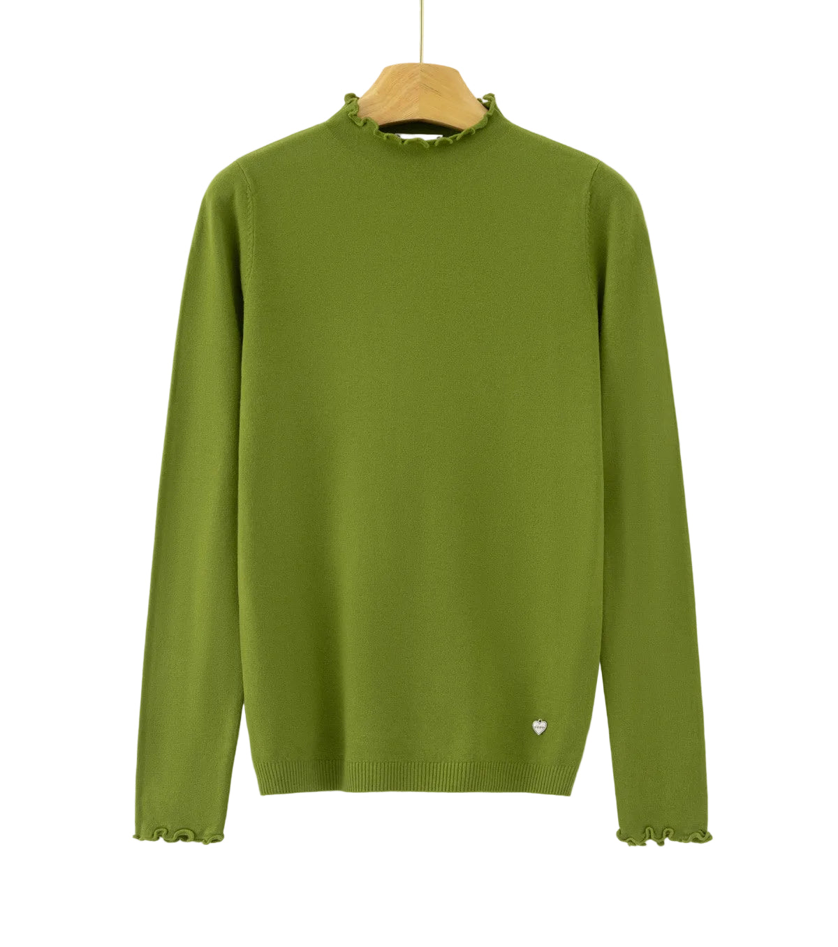 An olive green long-sleeve knit sweater with a ruffled mock neck and ruffled cuffs, 