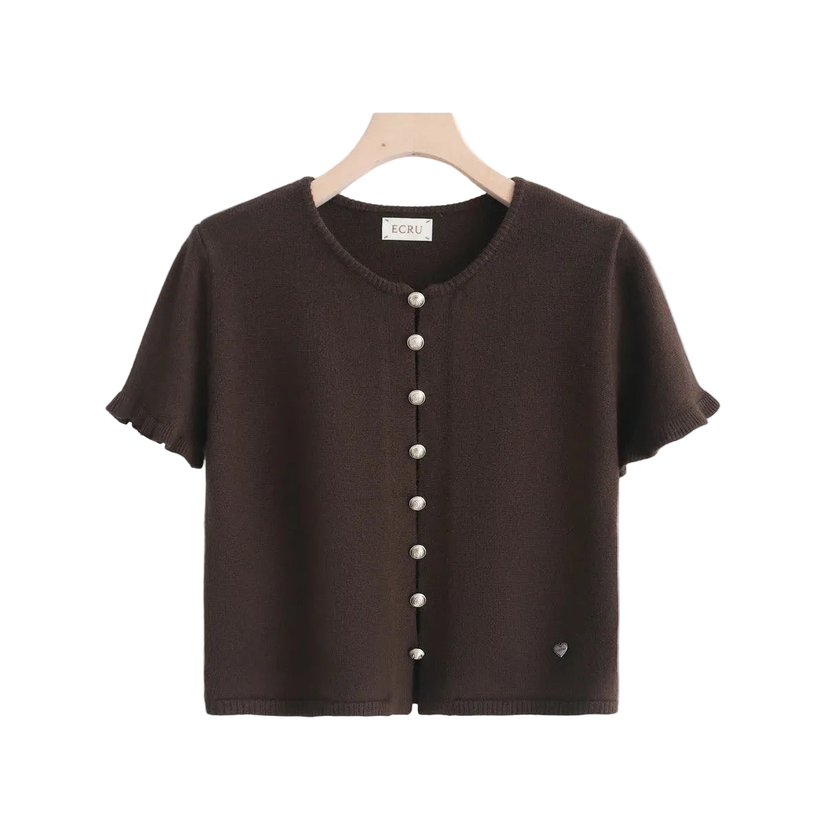 A dark brown short-sleeve knit top with a round neckline and a vertical row of pearl-like buttons down the front, 