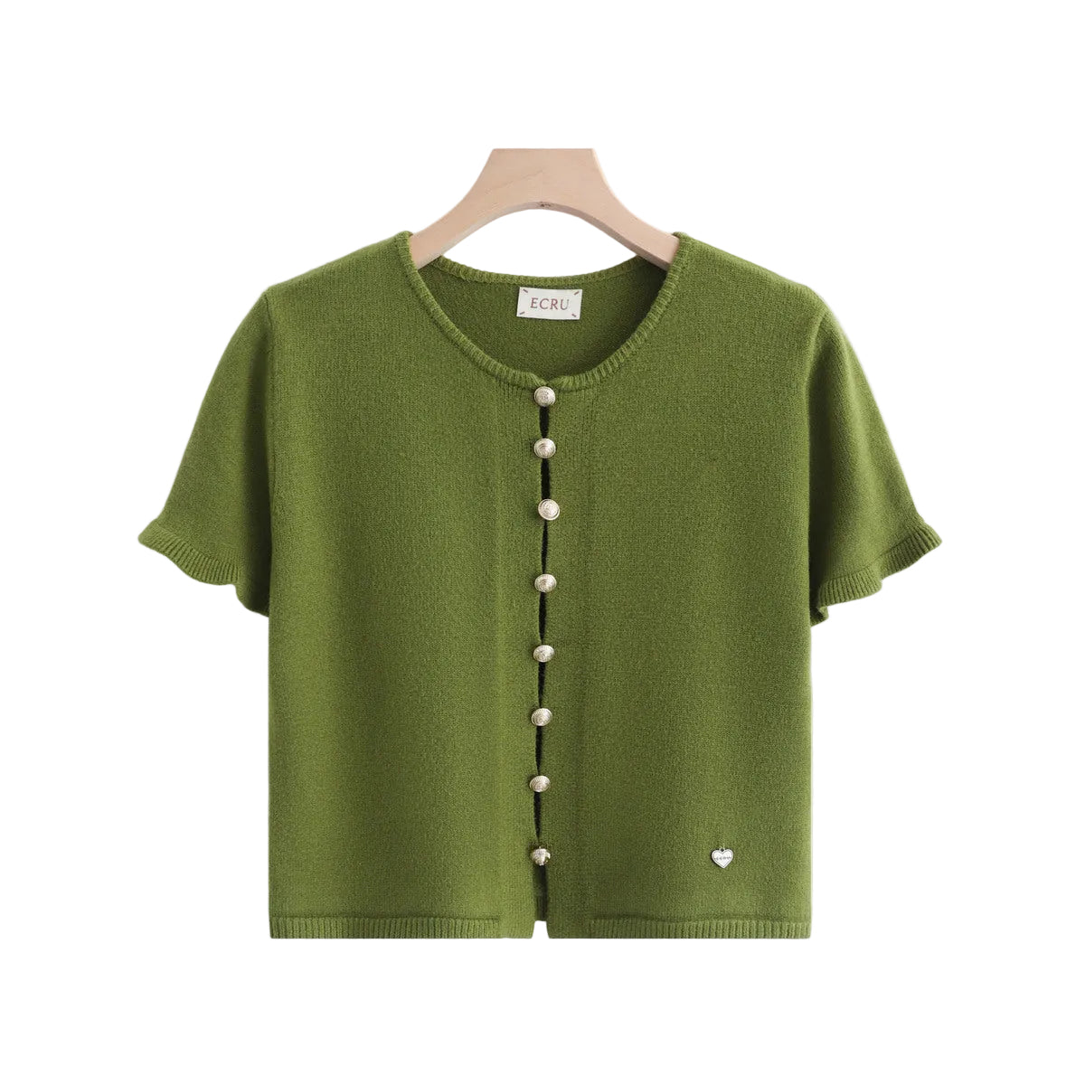 An olive green short-sleeve knit cardigan sweater hanging on a wooden hanger against a white background, featuring a black button placket with buttons and a small heart detail near the lower right hem.