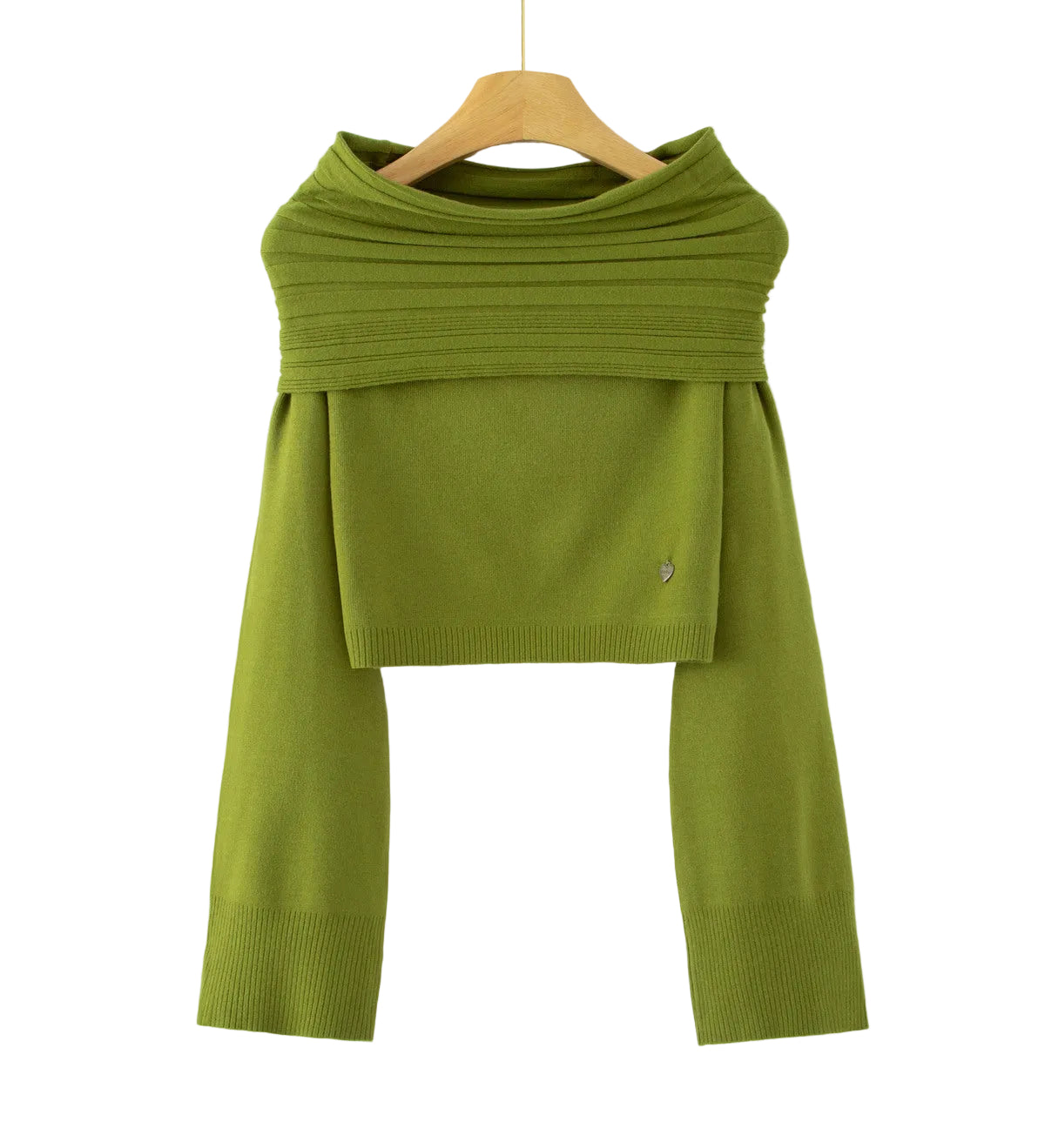 An olive green knit long-sleeve top with a wide draped yoke and cropped hem, hanging on a wooden hanger against a plain white background. 
