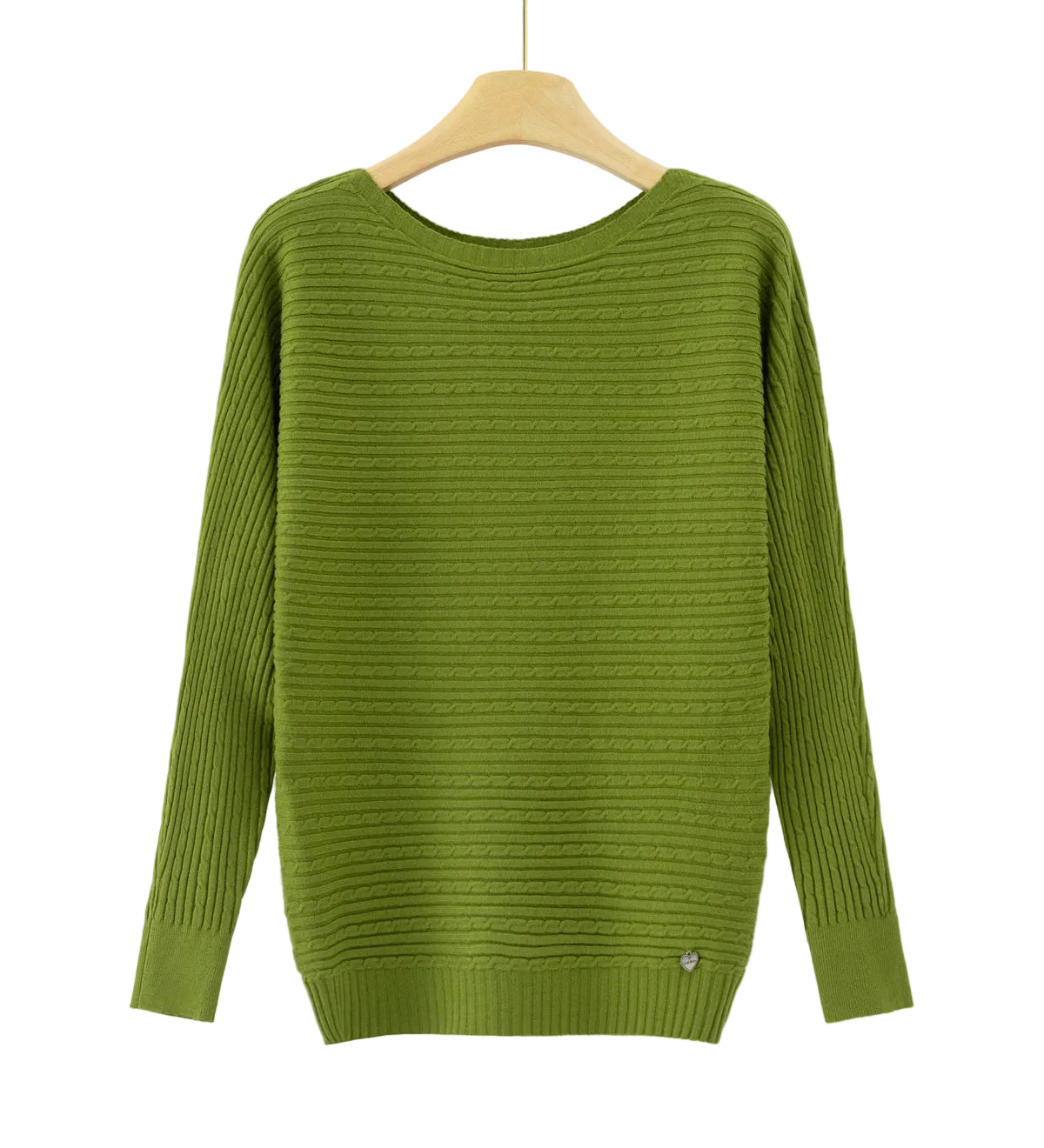 An olive green long-sleeve knit sweater with a crew neck, hanging on a wooden hanger against a white background. 