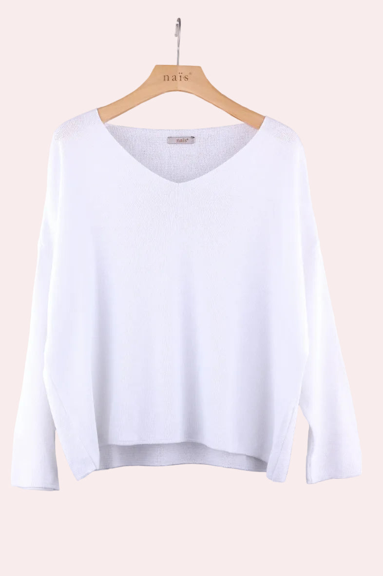 White long-sleeve sweater with v neck