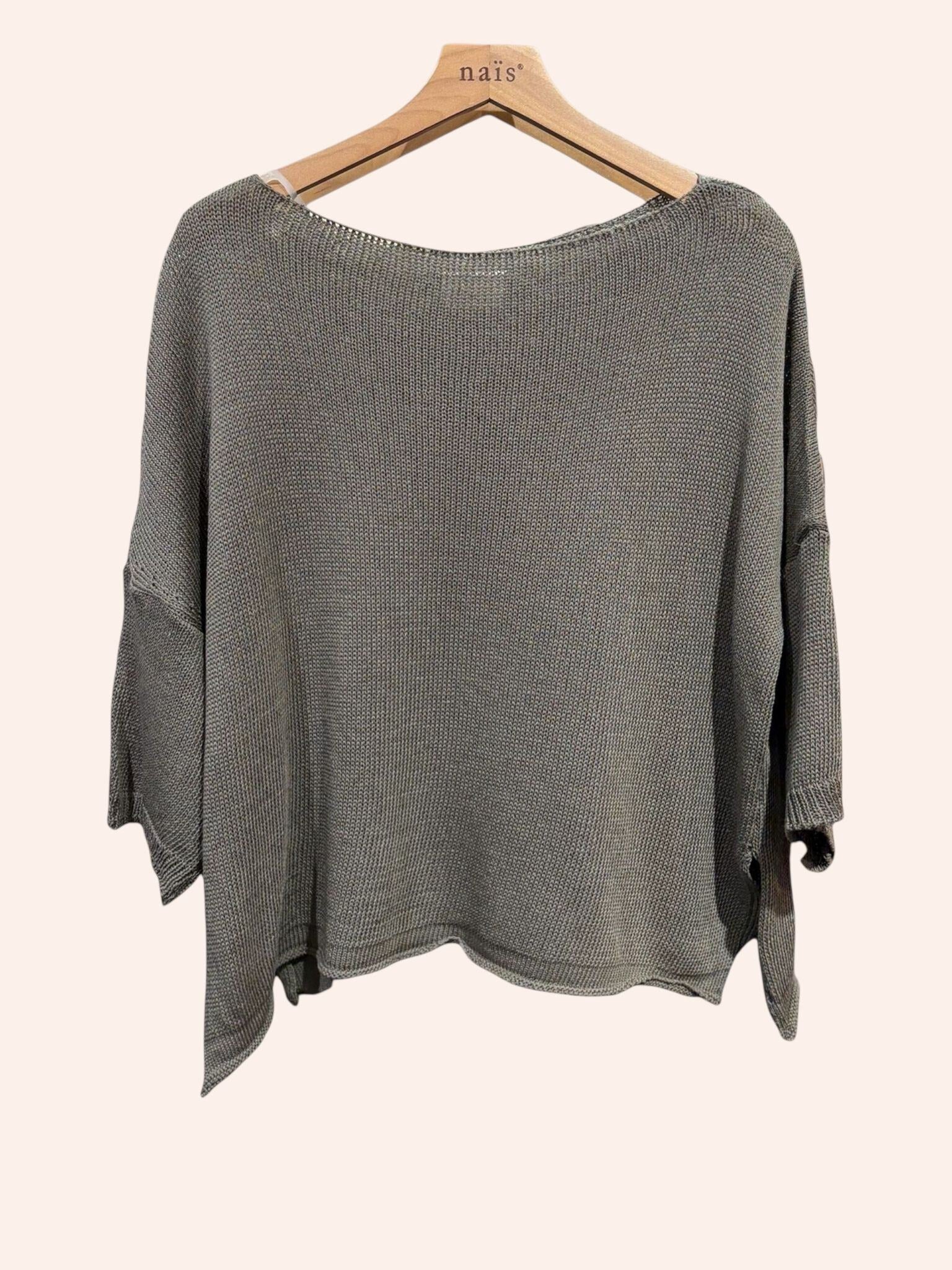 Taupe sweater on a hanger 