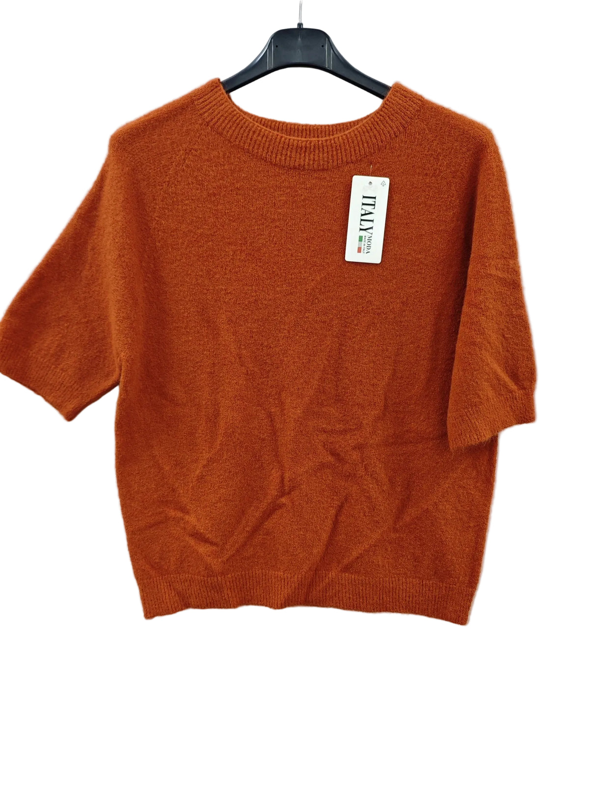 An orange short-sleeve knit sweater hanging on a black hanger 