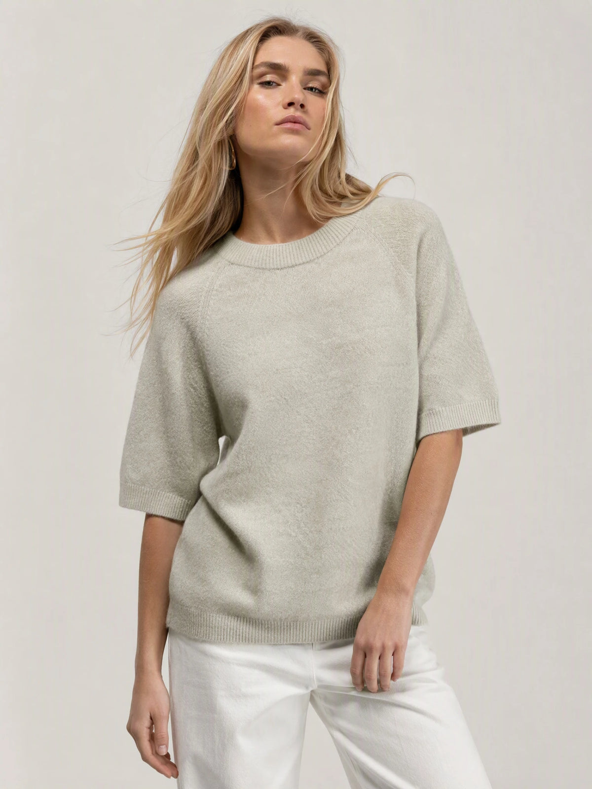 Beige short sleeved alpaca mix sweater