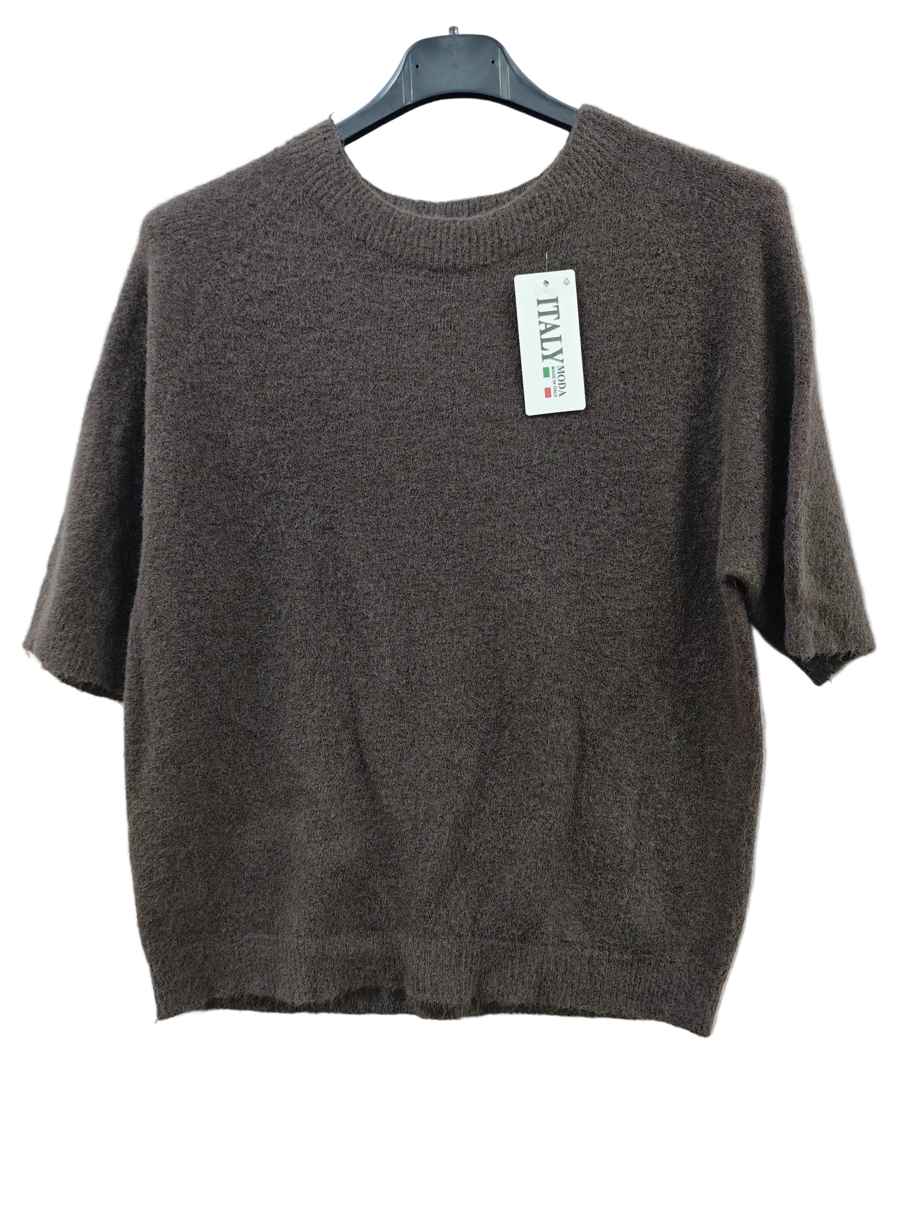 A short-sleeve knit sweater in dark brown, hanging on a black hanger 